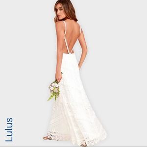 NWT Lulus Faithfully Yours White Lace Backless Maxi Dress sz small beach wedding